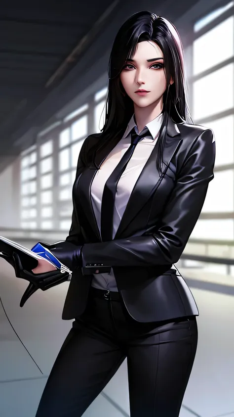 1 girl, 23 years old, long black hair, handsome face, business suit, red tie,long black pants, black leather gloves, high qualit...