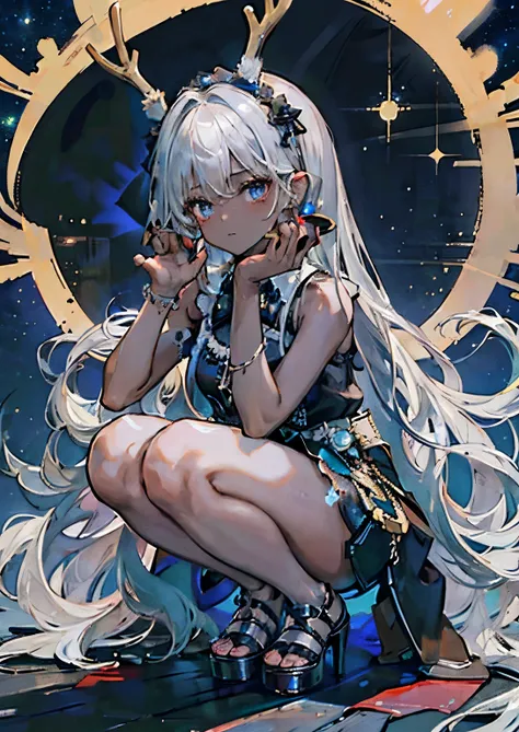 ((Highest quality)), ((masterpiece)), (detailed), One girl,Silver Hair,Long Hair，Dark Skin,Wearing a black sleeveless dress，Wear black high heels，Squatting pose on top of the tower,Starry Sky，cloud，Girl with deer antlers on her head，Look away