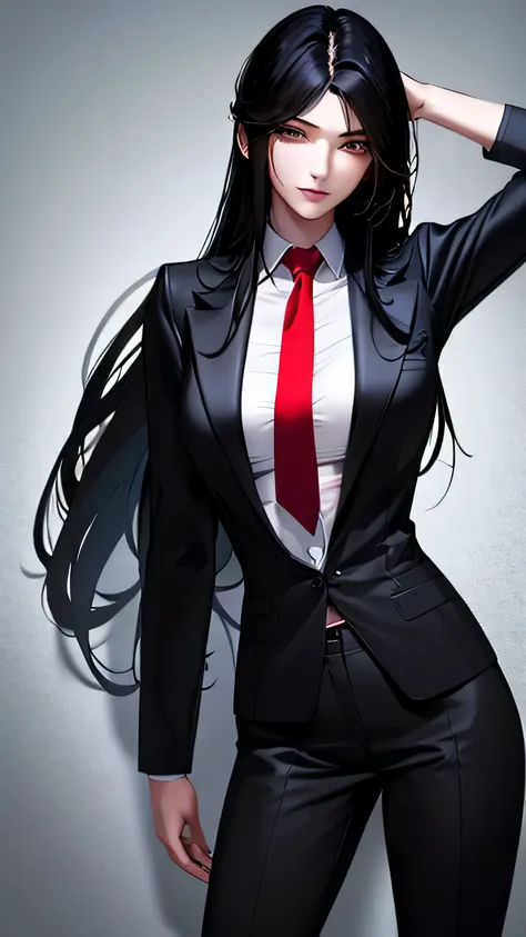 1 girl, 23 years old, long black hair, handsome face, business suit, red tie,long black pants, black leather gloves, high qualit...