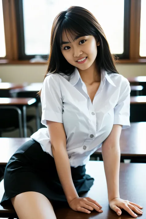 close up,1 girl{{a beautiful woman wearing a white short-sleeved shirt and a short black a-line skirt}} sits with her legs sprea...