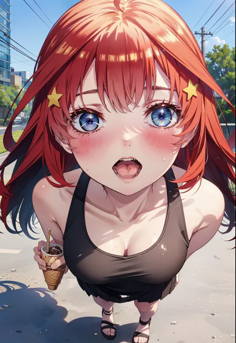 itsukinakano, Itsuki Nakano, bangs, blue eyes, Long Hair,Hair between the eyes, Ahoge, Redhead, star (symbol), hair ornaments, star hair ornaments,Straw hat,Red sleeveless dress,mini skirt,Heeled Sandals,Walking,smile,blush,Open your mouth,Eating ice cream...