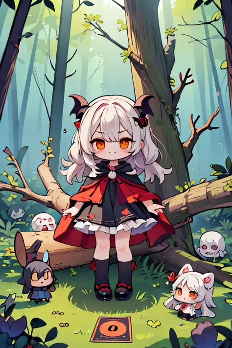 Photorealistic、Cute horror fantasy、Chibi Girl Doll（Devil Cosplay、Wicked Smile、Sagging under the eyes、Long eyebrows、Long nails、Orange eyes、Wear a long, big cloak） BREAK ,background(Musical notes around the doll, (dead tree:1.3), in the forest,shadow　the car...