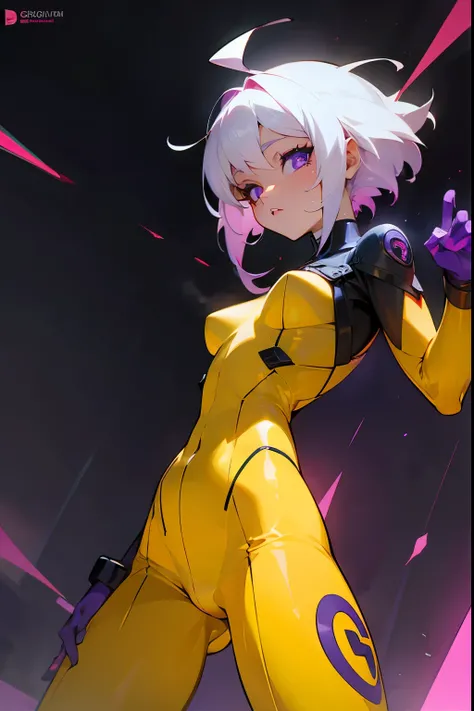 1Female , Red Skin , White Hair , Purple Eyes , Yellow Bodysuit with a G symbol , Perfect Generation , Adult Female