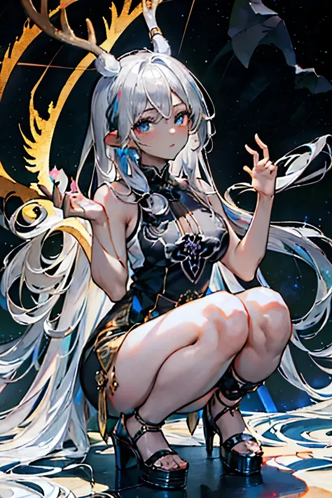 Flat lighting,elevation,sexy,A beautiful woman with supple curves,((Highest quality)), ((masterpiece)),(detailed), One girl,Silver Hair,Long Hair，Dark Skin,Wearing a black sleeveless dress，Wear black high heels，Squatting pose on top of the tower,Starry Sky...