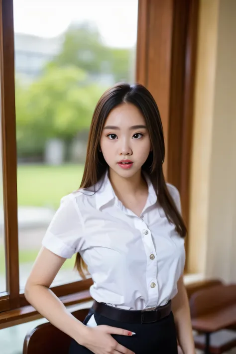 close up,1 girl{{a beautiful girl wearing a white short-sleeved shirt and a black short a-line skirt}} stood in the classroom.  ...