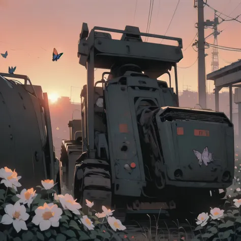 (((masterpiece, Highest quality)))、(((32K Wallpapers)))、Detailed Machinery、Abandoned Factory、Atrium、(((White Flower Field)))、(((Detailed rusty huge black heavy machinery)))、Gorgeous light leaks、(((sunset)))、fog、Detailed Background、Highest quality、(((No hum...