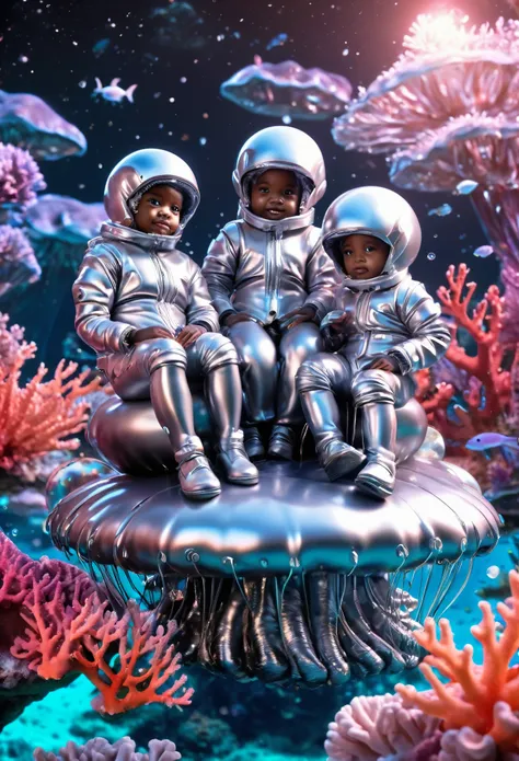 Wide angle shot of happy black babies dressed in silver clothes and sitting on top of floating giant jelly fish, in outer space surrounded by beautiful vibrant coral reefs with water ripples, highly detailed and ultra HD quality images, 32k, surrealism art...