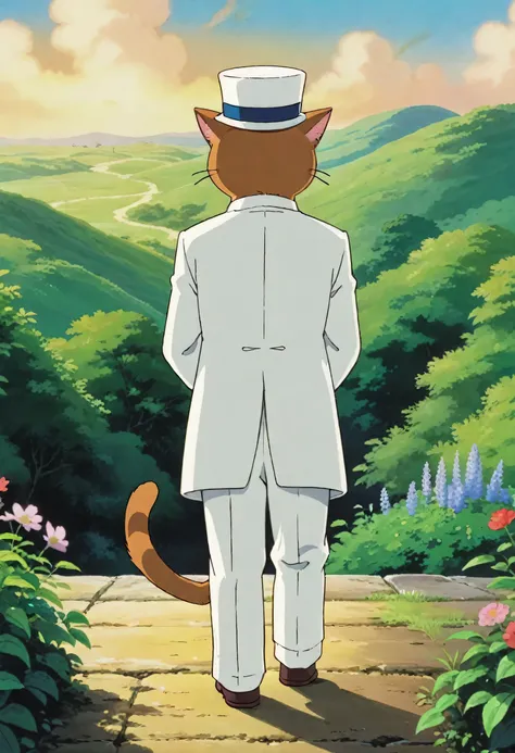 A scene from a Ghibli movie,A gentlemanly brown cat wearing a white hat and a white tuxedo is standing with his back to the camera、 Scenery of Ghibli、