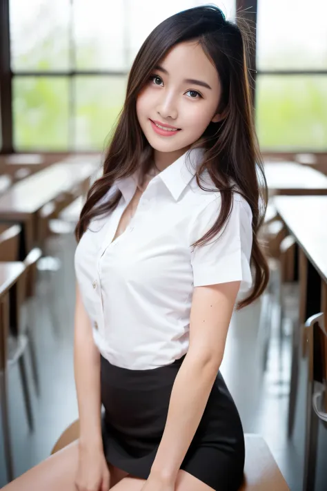 close up,1 girl{{a beautiful woman wearing a white short-sleeved shirt and a short black a-line skirt}} sits with her legs sprea...