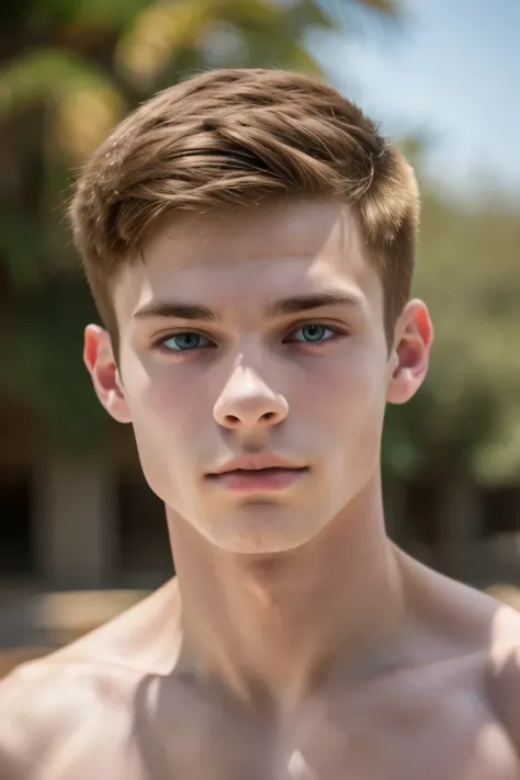 a photo of a twink guy, translucent skin, detailed  bright skin, pale skin, looking at viewer,  18-year-old,  brown hair,  seduc...