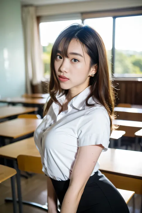 Close up,1 girl{{A beautiful girl wearing a white short-sleeved shirt and a black short A-line skirt}} stood in the classroom.  sexy poses  with several lecture tables set up behind it  There is a sliding glass window.  There was evening light streaming in...