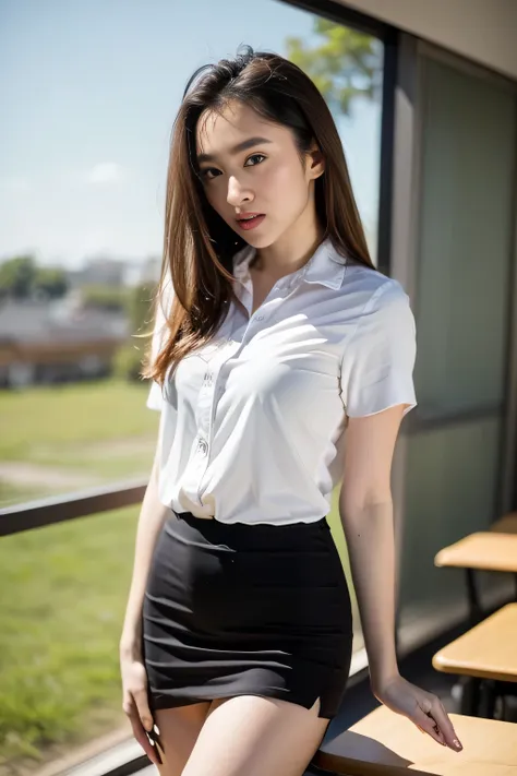 Close up,1 girl{{A beautiful girl wearing a white short-sleeved shirt and a black short A-line skirt}} stood in the classroom.  sexy poses  with several lecture tables set up behind it  There is a sliding glass window.  There was evening light streaming in...