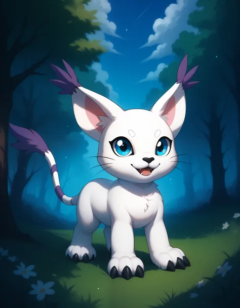 source_furry, absurdres, masterpiece, outstanding,, gatomon, tail ring, ringless, solo, digimon, in a forest, blue eyes,