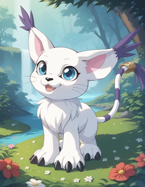 source_furry, absurdres, masterpiece, outstanding,, gatomon, tail ring, ringless, solo, digimon, in a forest, blue eyes,