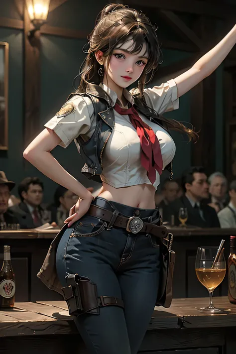 gun, photorealistic, Back view、RAW Photos、Realistic、(Super detailed)、(High resolution:1.2)、(masterpiece)、(Highest quality)、8k、Ultra-Details、(Perfect Anatomy:1.3)、Beautiful Eyes、Angle from below、Cowgirl、One girl、Turn around to look at the viewer、western mov...