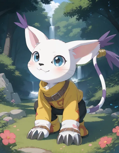 source_furry, absurdres, masterpiece, outstanding,, gatomon, tail ring, ringless, solo, digimon, in a forest, blue eyes,