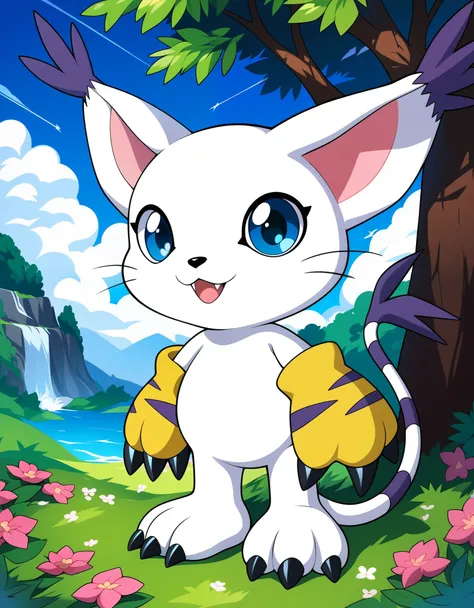 source_furry, absurdres, masterpiece, outstanding,, gatomon, tail ring, ringless, solo, digimon, in a forest, blue eyes,