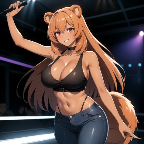 Raphtalia woman 35 years old floating straight orange hair , rounded bear ears, red eyes like ruby, big breasts, Dark skin, tanned skin, low-cut clothing, low cut black top, Tight jeans,  fondo una nightclub. nightclub, smile.