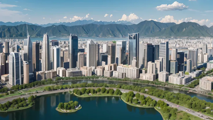 High-rise buildings，The buildings are arranged in an orderly manner，High-end residential area，There should be a central artificial lake，Best picture quality，Intricate details, Can be used as web page background image