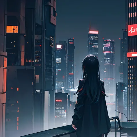 girl with long black hairs and black long shirt standing on the peak of rooftop building at night, sad expression, seen from behind, cyberpunk city