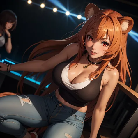 Raphtalia woman 35 years old floating straight orange hair , rounded bear ears, red eyes like ruby, big breasts, Dark skin, tanned skin, low-cut clothing, low cut black top, Tight jeans,  fondo una nightclub. nightclub, smile.