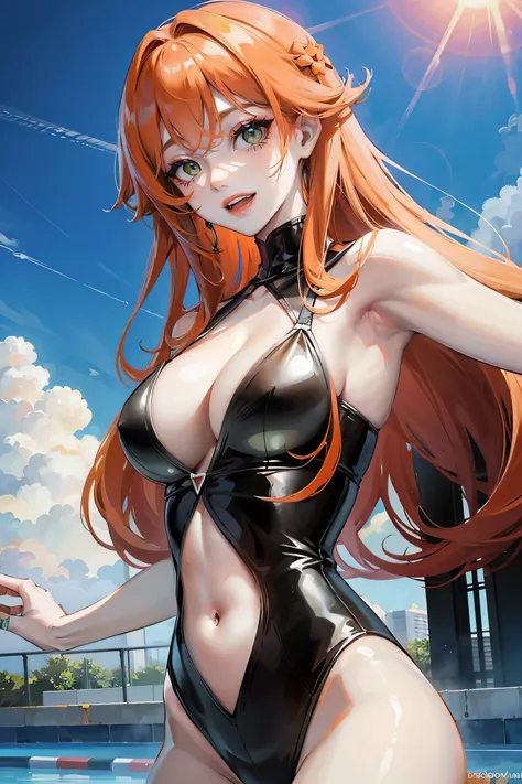 long orange hair, green eyes, large cleavage, pale skin, black swuimsuit, pool, sun, smile