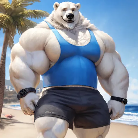 huge muscular polar bear in L.A. beach, big smile, polar bear, huge white fur, thick arm, huge arm, white mustache, bearded white. white hair and beard, bearded, (muscular, pectoral, wide pectoral, thick arms), beach, palm, realistic, 8k, masterpiece, deat...