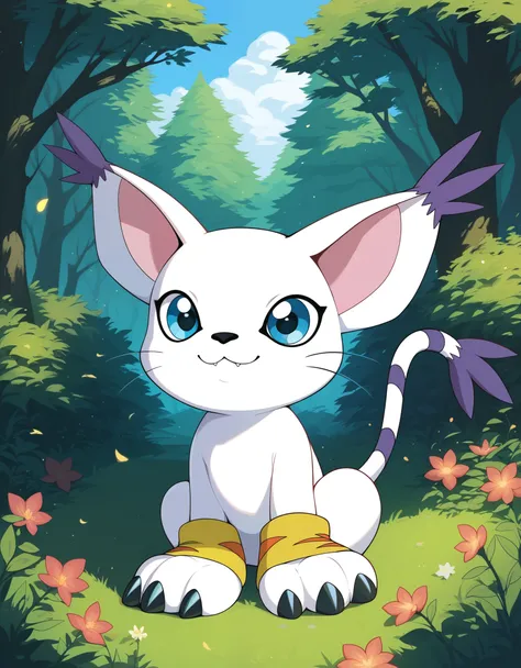 source_furry, absurdres, masterpiece, outstanding,, gatomon, tail ring, ringless, solo, digimon, in a forest, blue eyes,