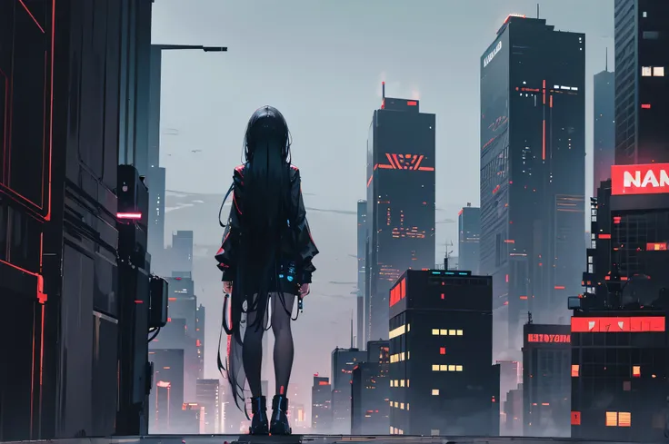 girl with long black hairs and black long shirt standing on the peak of rooftop building at night, sad expression, seen from behind, cyberpunk city, full body