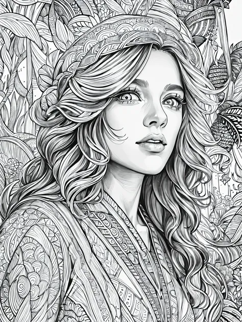 (Black and white coloring book:1.5), line drawings, masterpiece, best quality, ultra-detailed, high resolution, Very detailed face, (Eyes clear and distinct lines), Hair is white color, Full body shot, A woman in a practical yet elegant dress like an explo...