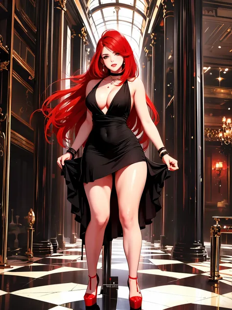 a girl, Bblack hair, 1980s (styled), blood red sleeveless dress, long hair, fully body, red platform heels, long red hair, clear green eyes, thick lips, round breasts,
