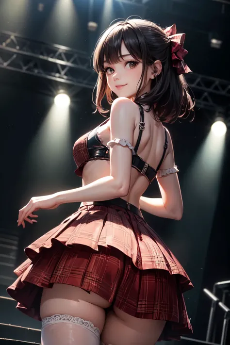 very cute and beautiful girl,(highly detailed beautiful face),(smile:1.2),happy, black hair,looking at viewer,dancing,(looking back,from behind,from below), plaid scarlet idol costume like AKB48,teen akiba idol,detailed frills, live stage,concert hall,spot...