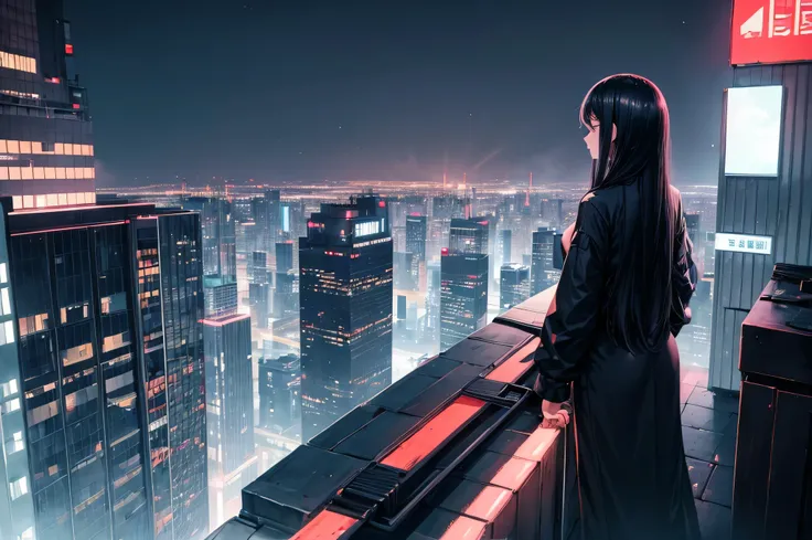 girl with long black hairs and black long shirt standing on the peak of rooftop building, sad expression, seen from behind, night cyberpunk city, full body