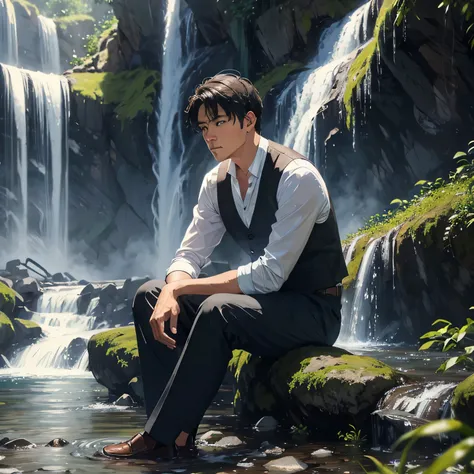 homen, sitting next to a waterfall, end of day, Pose of contemplation, very detailed image, with emphasis and close to the man&#39;s face, physical characteristic of the guts of the work "beserk" , face similar to guts, dack fantasy clothes and a book in h...