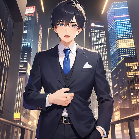 masterpiece、Highest quality、upperbody、
(25-year-old male:1.5) and(Black short hair) and (blue eyes), 
(suit:1.5) and (Blue tie）(suit:1.5) and (Blue tie）、blush,flabbergasted,open mouth,The background is the city at night,Night Sky