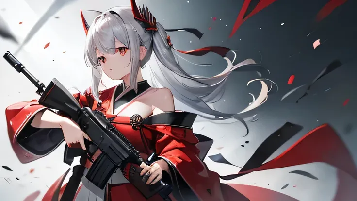 (Highest quality,4K),Type 81,Assault rifle,Assault rifleを抱える,Silver Hair,semi-long,Off the shoulder,Red and black kimono,rest one&#39;s chin on one&#39;s hand,Crossing your legs,whole body,Demon-inspired background