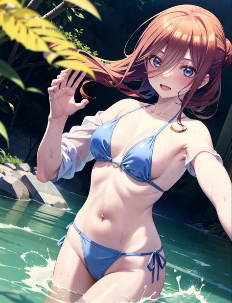 Miku Nakano, miku nakano, Long Hair, bangs, blue eyes, Brown Hair, shirt, Hair between the eyes, Blue string bikini swimsuit,barefoot,Water Play,Wet Hair,Wet Hair,Wet swimsuit,Hair Bun, double  Hair Bun,Hair Lock,smile,Open your mouth,Ocean水浴,True Summer,C...