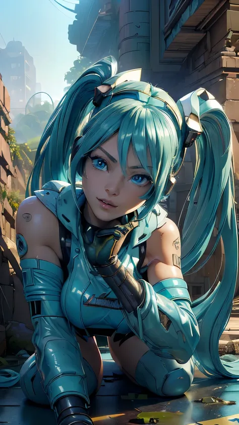 (Best quality,high resolution,Ultra Detailed,Practical), Hatsune Miku, ,(Ruins alley Tokyo cyberpunk dungeon ruins background :1.4 ), Large Breasts, Dynamic poses , (Green hair with double ponytails) ,(Short white mini skirt:1.4), 很long头发) , put your arms ...