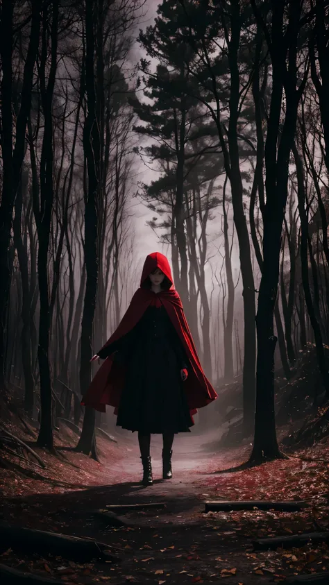 "A 1970s-style photo of Little Red Riding Hood, reimagined in a dark fantasy style by Tim Burton. The image should have a dark and mysterious atmosphere, with tones of black, red, and gray. Little Red Riding Hood should wear a worn red cloak and hood, set ...