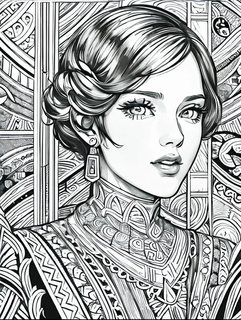 (Black and white coloring book:1.5), line drawings, masterpiece, best quality, ultra-detailed, high resolution, Very detailed face, (Eyes clear and distinct lines), Hair is white color, Full body shot, Woman in a dress featuring geometric patterns in the A...