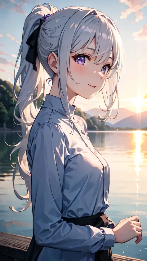 In the clear early morning air、A beautiful girl standing by the lake。White hair tied in a ponytail、Purple eyes shining in the morning sun。She gazed cheerfully at the lake&#39;s surface.、Smiling and taking a deep breath。The sight is as beautiful as a painti...