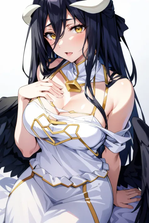 （masterpiece），（The best quality），（high quality），（A detailed），（absurderes），（good artist），1 girl，Albedo（cornerstone），white dresses，The hair is between the eyes.，white horn，black wings，low wing，globular milk，with his back to the audience，Ahegao，（Arms in front...