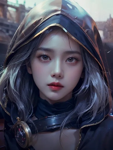 close up of a girl or woman (k-pop idol),wear a hood  , big booobs ,  shadowbringers cinematic, 4 k detail fantasy, a beautiful ...