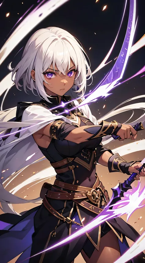 brown skin, white hair, purple eyes, warrior, cinematic, high quality, dual swords, 1 girl, 22 years old, masterpiece, glowing energy, 2 daggers in each hand, 4k, dark clothes, tan skin tone, short hair.