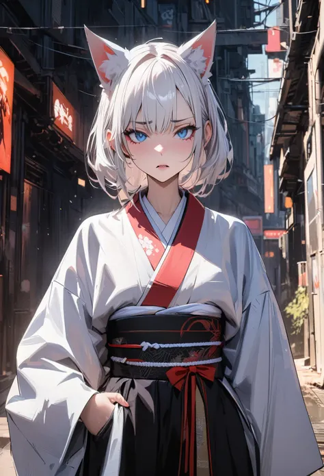 Young girl with white hair and blue eyes, indifferent expression, queen style, cyberpunk, wearing Japanese kimono, high-quality masterpiece, high-detailed red wolf half-length photo