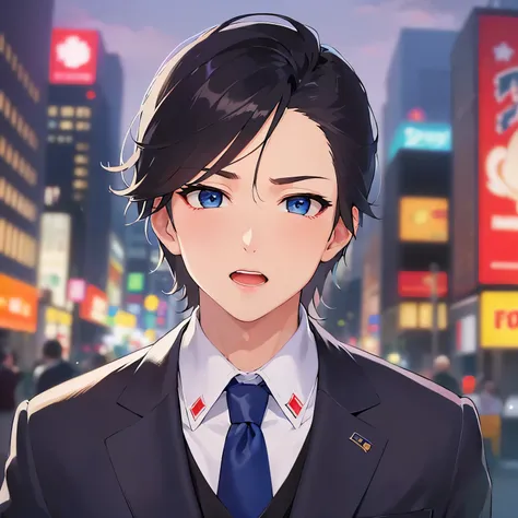 masterpiece、Highest quality、（looking at viewer:1.5）,
(25-year-old male:1.5) and(Black short hair) and (blue eyes), 
(suit:1.5) and (Blue tie）(suit:1.5) and (Blue tie）、
blush、Serious,open mouth,The background is the city at night