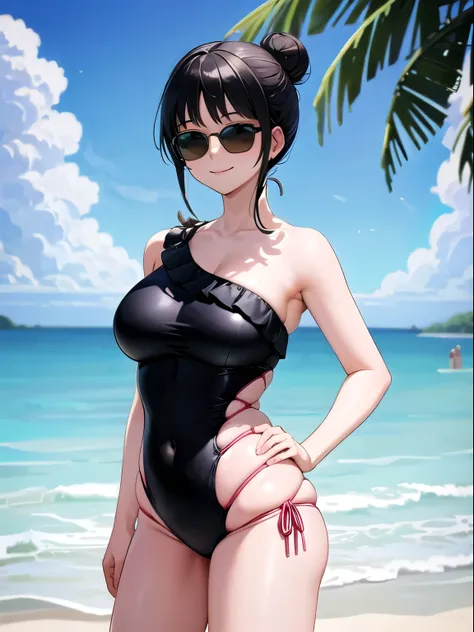 ((Highest quality)), ((masterpiece)), (detailed), Perfect Face, Perfect Arms, Perfect hands, Perfect Fingers, anime, Ultra-fine illustration, (One girl), cute, One Shoulder One Piece Swimsuit, Black hair bun, (Dark sunglasses), Large breasts, (Smile:1.2), ...