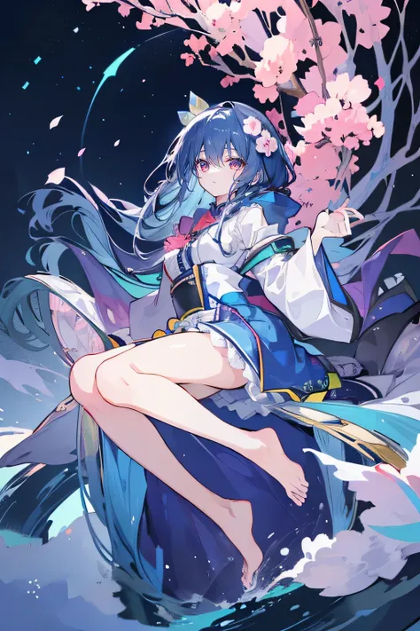 （masterpiece：1.2），Super detailed，lifelike，Expressive eyes，fair skin，perfect face shape，1 girl，
Japanese comics,Gorgeous blue hair,flowing blue hair,flowing clothes,Petals fall,beautiful lola,Baby Angel,Gentle and peaceful background，The pavilion is cool an...