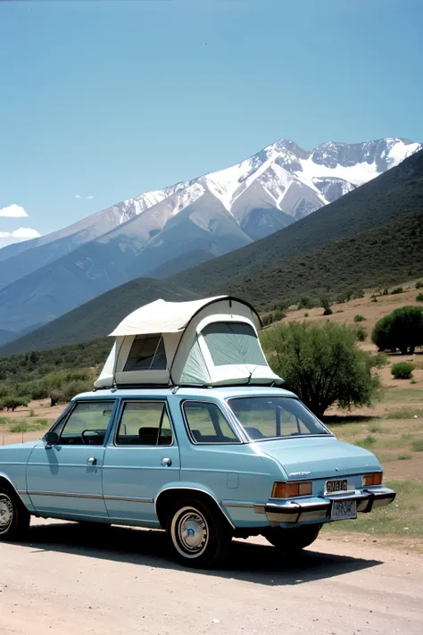 car Ford Taunus 1981 light blue Safari small tent on the roof auxiliary wheel in the trunk, a bicycle in the trunk, solar screen on the hood in the mountains of Cordoba Argentina, small trailer, side image