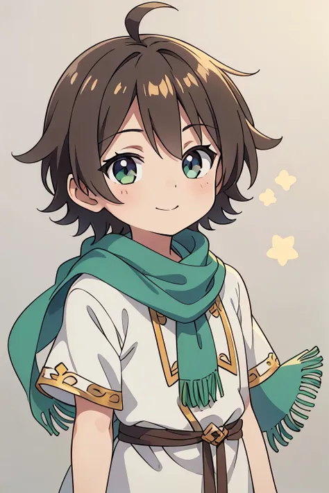 (high-quality, breathtaking),(expressive eyes, perfect face) 1boy, male, solo, toddler age, short height, age 5, dark brown color hair, green eye color, spiked fluffy hair, wavy hair, short hair length, cute smile, childlike face, white tunic, gold trim, g...